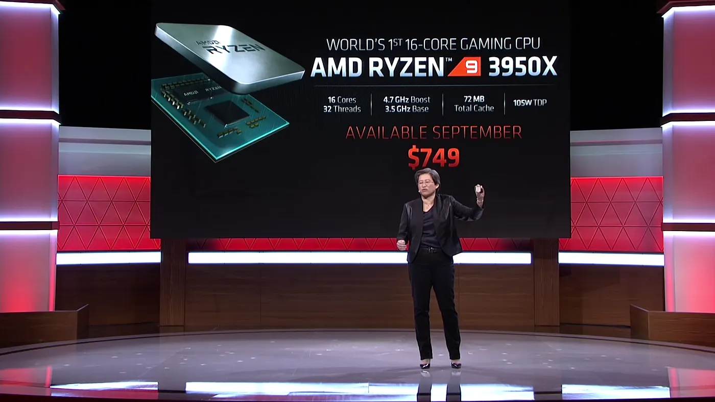 AMD CEO Lisa Su revealing the price of the Ryzen 9 3950X in their “Next Horizon” event in June 2019. This event also saw the announcements of other Zen 2 CPU’s including the Threadripper 3990X.