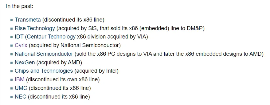 Past x86 manufacturers with their respective fate in parentheses. From Wikipedia: List of x86 Manufacturers