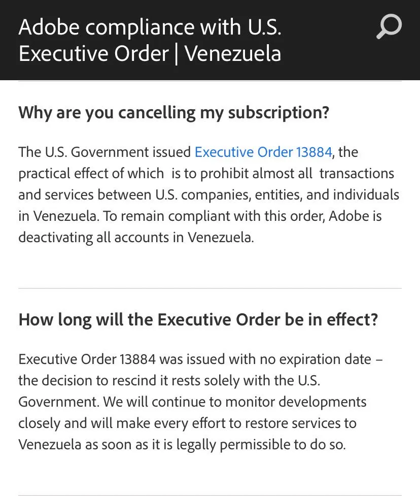 Venezuelan Adobe CC users got this straight from Adobe, and there was no respite for them, except for, of course, pirating the software they need from then on. Credit: u/User_26 on r/piracy (Reddit)